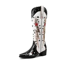 2024 Women's Autumn and Winter New Fashion Splicing Embroidered Boots, European and American Fashion Western Cowboy Knight Boots