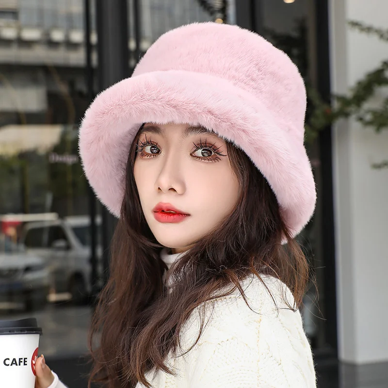 Lady Luxury Fashion Party Fisherman Cap Y2k Fluffy Faux Fur Hat Bucket Women Cap Rabbit Fur Warm Thick Plush WInter Leopard Hat