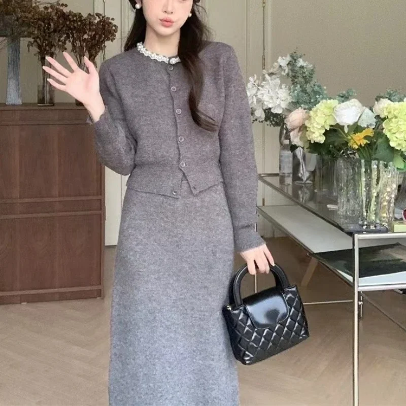 Women's Korean Style Elegant Knit Sweater Jacket and Slim Trendy Mid-length Skirt Autumn Winter Knitted Two Piece Skirt Set