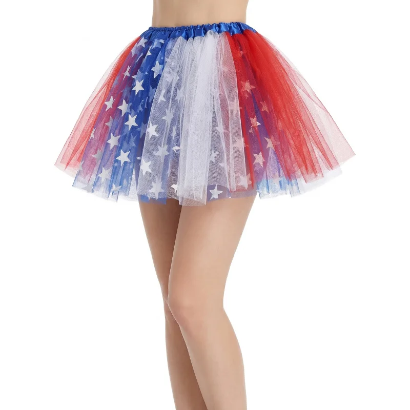 TUTkirt with Off-Shoulder/ Neck - Red White & Blue Stars & Stripes Thickened 3-Layer Sequin Patchwork Short Skirt Suitable fo