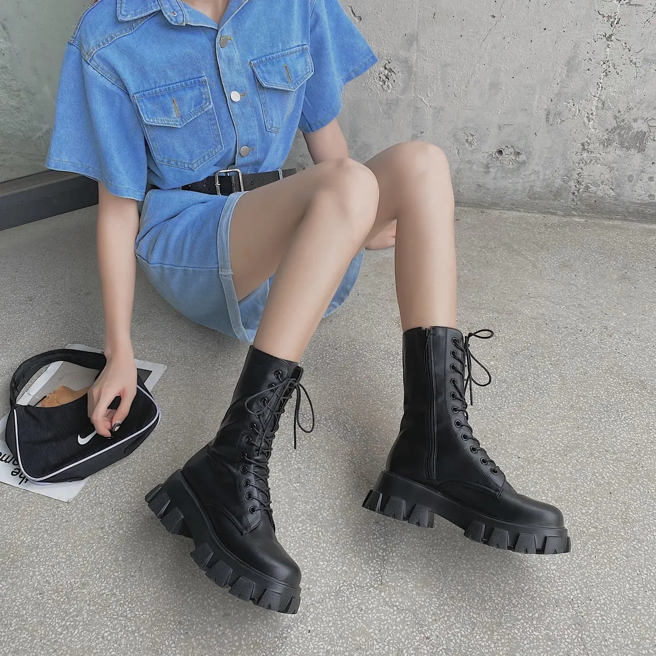 Women Motorcycle Boots Wedges Flat Shoes Woman High Heel Platform PU Leather Boots Lace Up Women Shoes Black Boots Girls