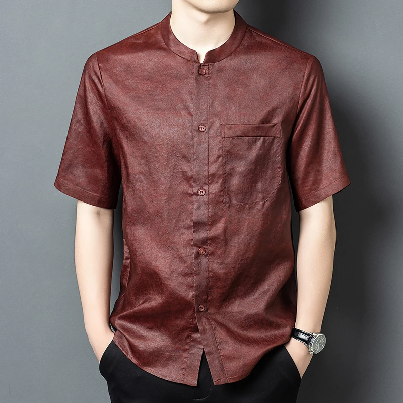 Real Silk 100% Tang Costume Shirts For Men Short Sleeve Coolness Summer Quality Lightweight Satin Loose Pocket Camisas De Hombre