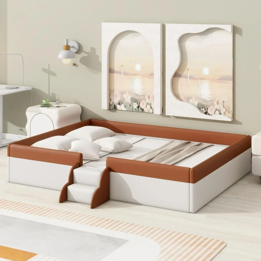 

Queen Size Upholstered Daybed Frame with Fence and Stairs, Montessori Kids Floor Bed with Sturdy Slat Support for Boys Girls