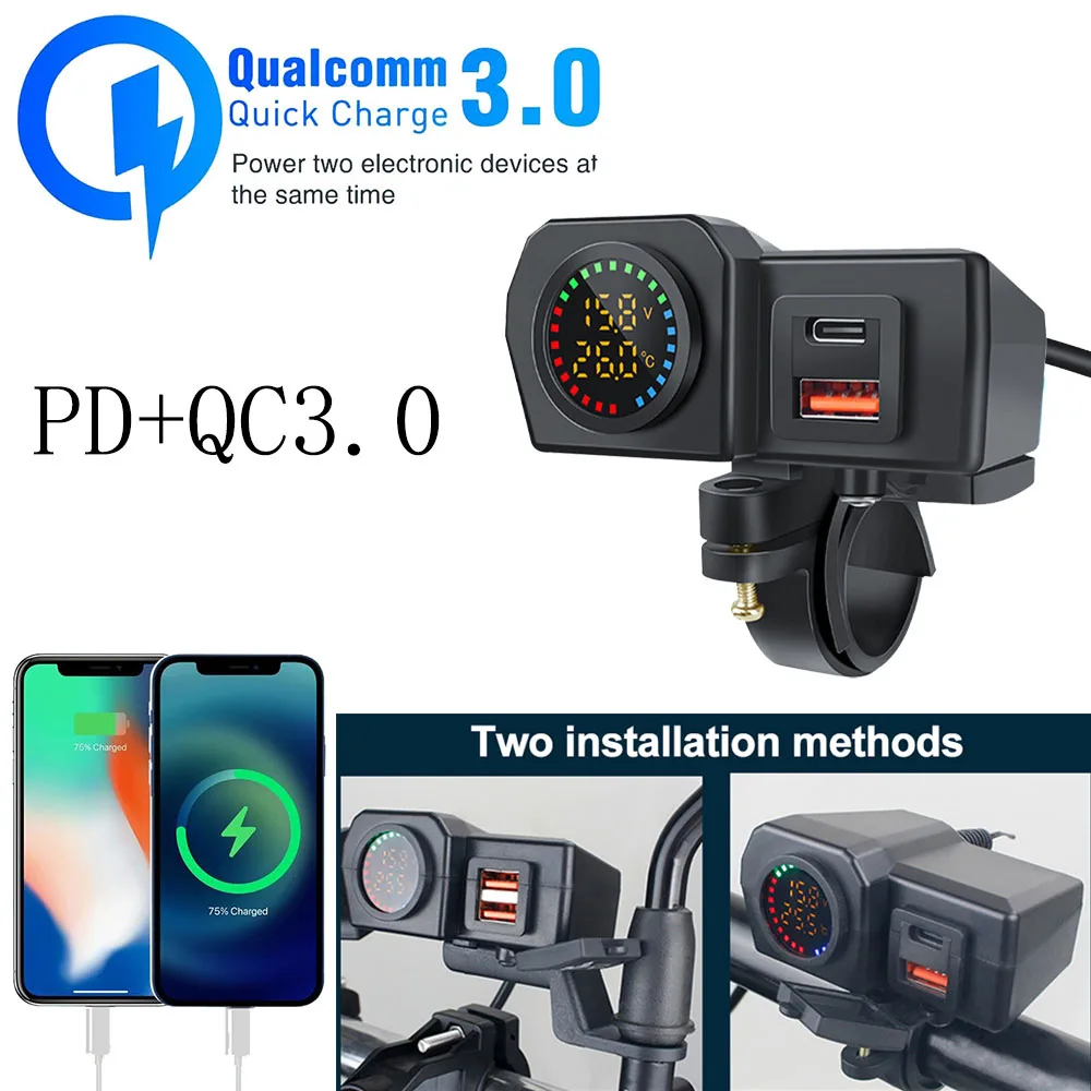 

60W QC3.0+PD Dual USB Socket Motorcycle Handlebar & Rear Mirror Fast Charger Phone Power Adapter Digital Voltmeter Thermometer