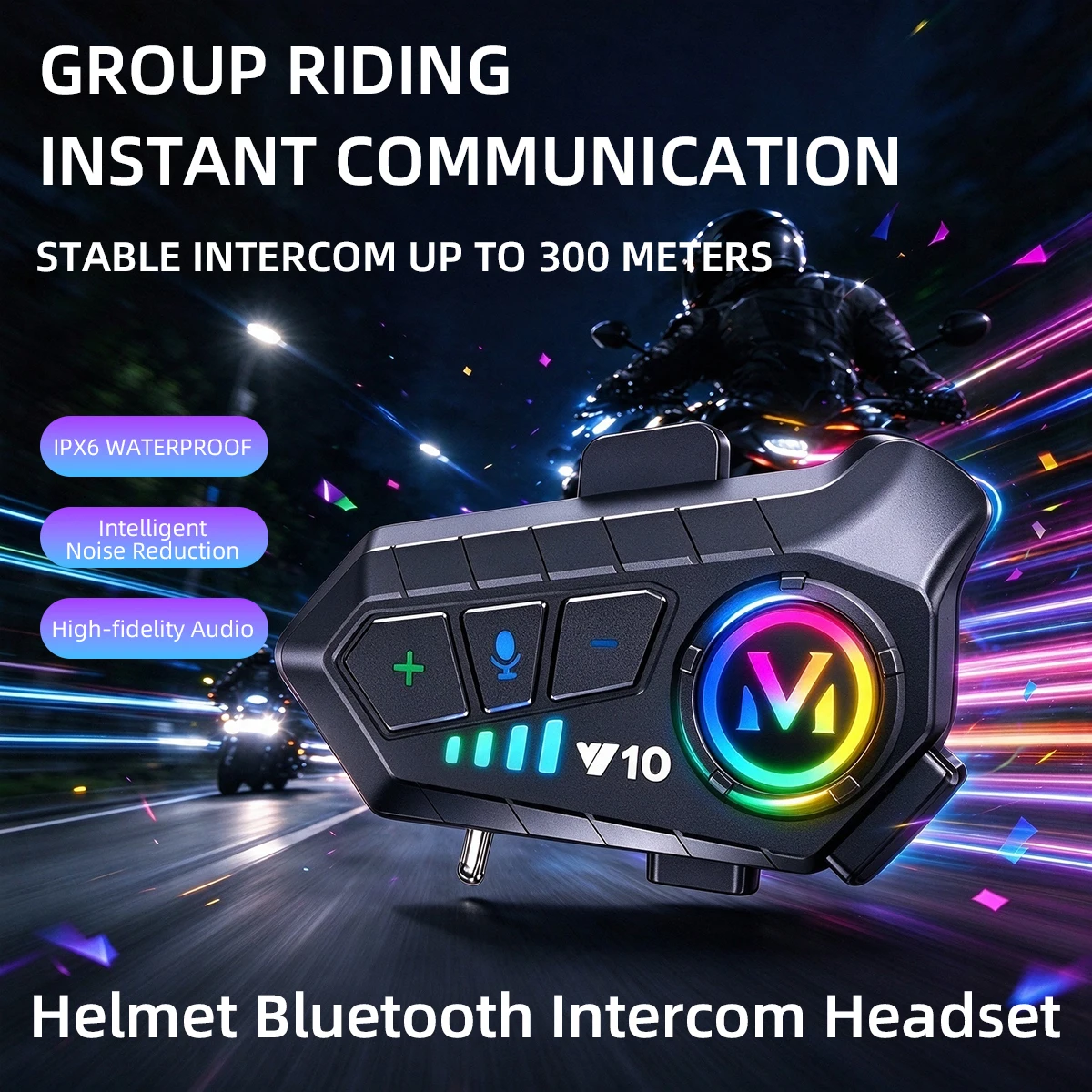Y10 Motorcycle Helmet Bluetooth Headset IPX6 Waterproof Noise Reduction Hands‑Free Call RGB Ambient Light Moto Helmet Earphone