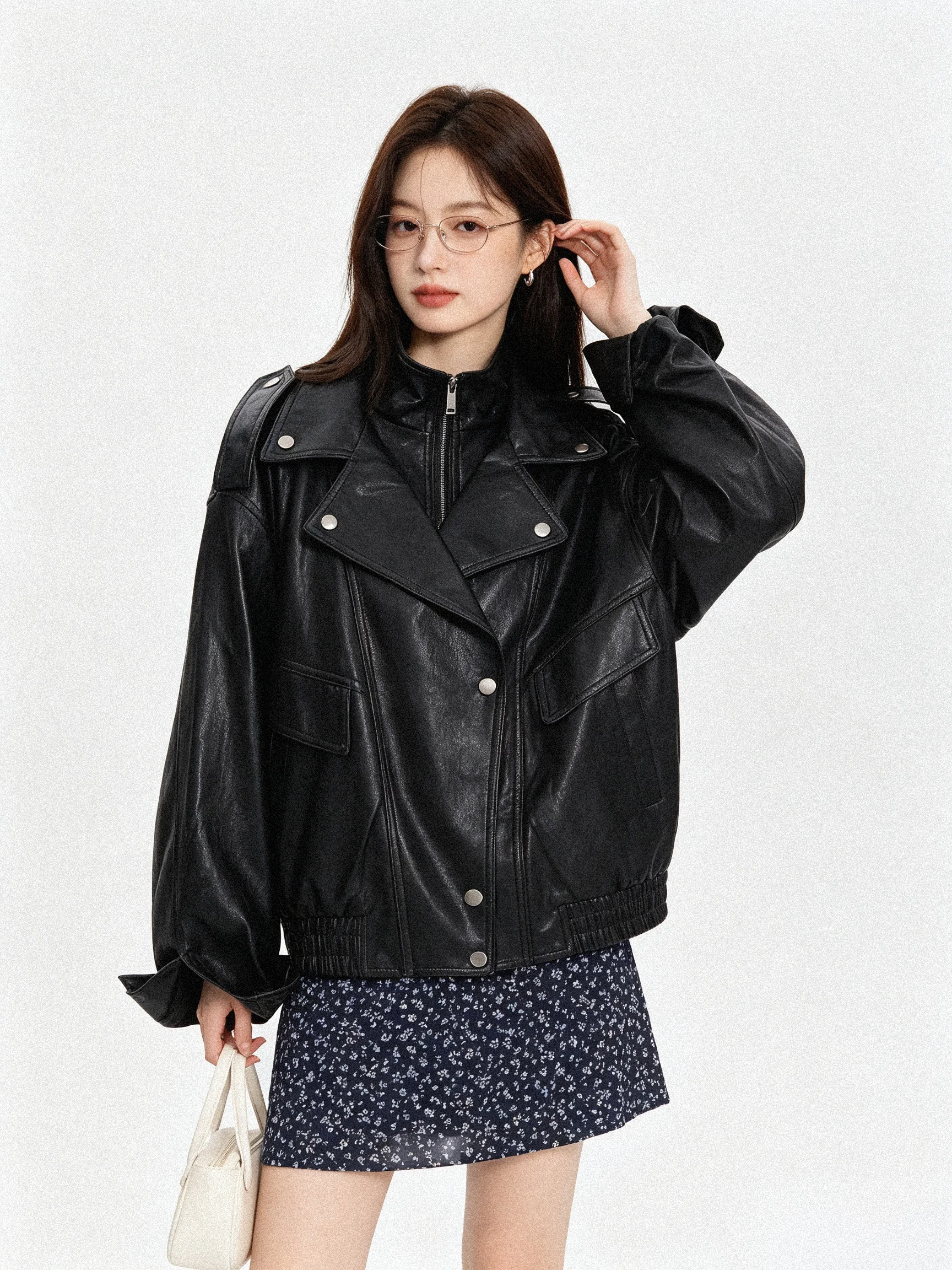 Washed PU Leather Jacket American Retro Style Loose Motorcycle Jacket Stand Collar Fake Two-Piece Short Korean Style Women's ...