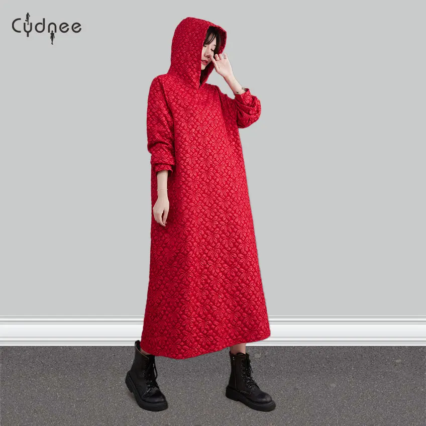 Autumn Winter Large Size Pullover Solid Flower Pattern A-Line New Leisure Jacquard Craft Cotton Long Sweatshirt Hoodie Dress