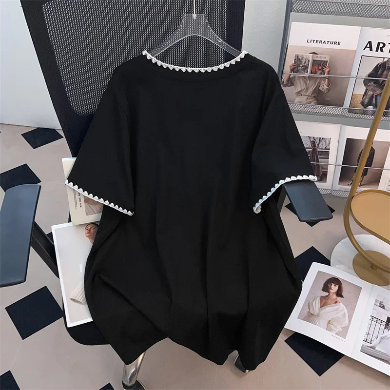 170Kg Kaus Lengan Pendek Leher-v Longgar Musim Panas 170 Dada Wanita Ukuran Besar Hitam Putih 4XL 5XL 6XL 7XL 8XL 9XL