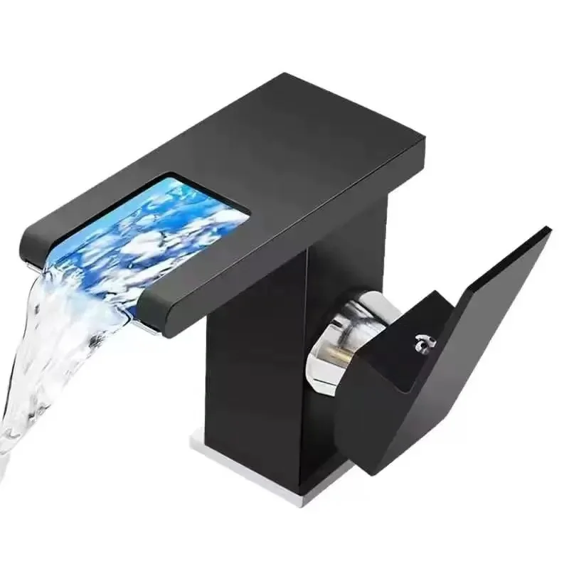 Hot Sale Black Waterfall Stainless Steel Basin Faucet Modern Hot and Cold Water Temperature Control LED Light Bathroom Faucet
