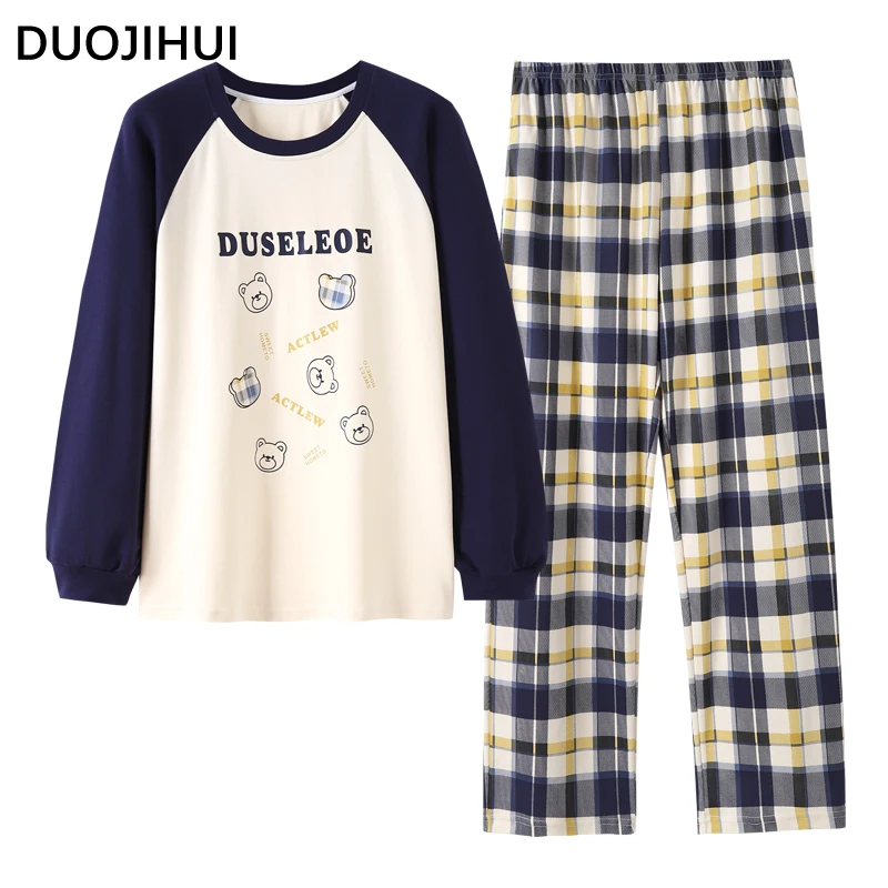 DUOJIHUI-Conjunto de pijama chique estampado para mulheres, pulôver feminino de manga comprida, calça xadrez clássica, casual em casa, feitiço, outono