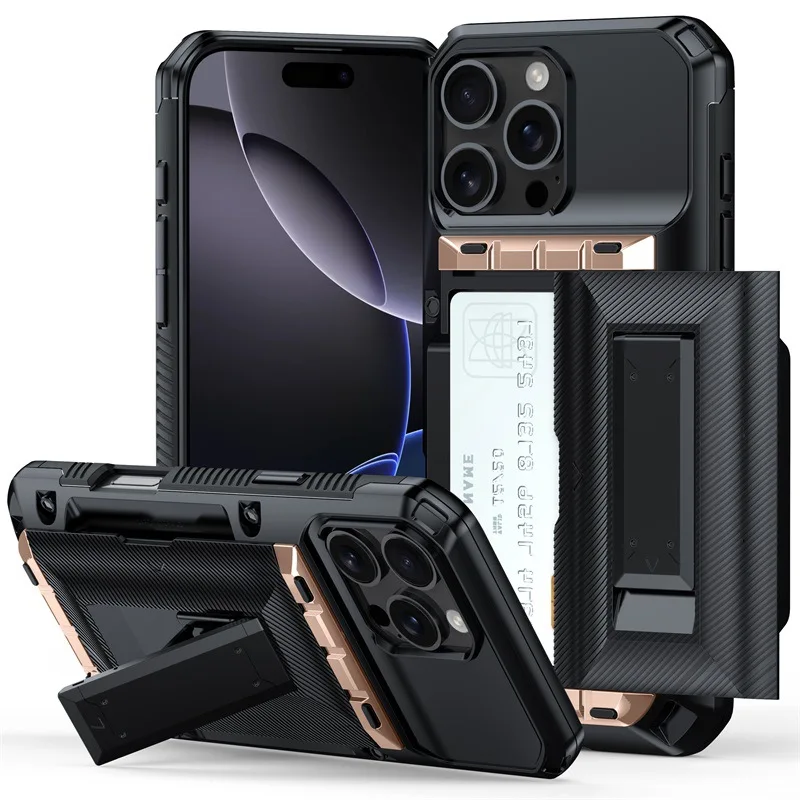 

Sliding Card Slot Holder Wallet Case For iPhone 16 Pro Max 15 14 13 17, Shockproof Hybrid Heavy Duty Kickstand Phone Cover Funda