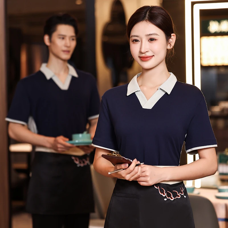 

Short-sleeved summer work uniforms for restaurant staff, hotel staff, and supermarket employeestShirtVEmbroidered collar