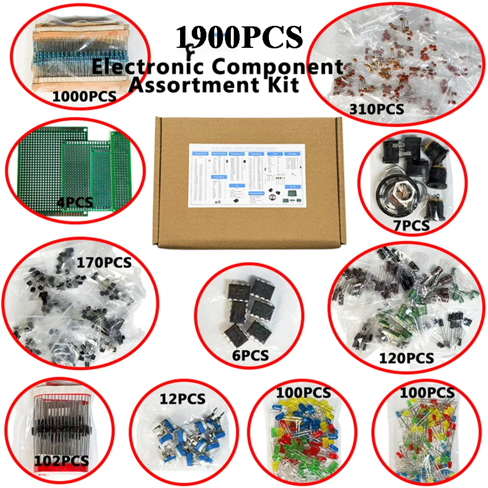 1900PCS Electronic Components Kit T0-92 LED Transistors Resistors Capacitors PCB Board DIP-IC RM065 Diodes for DIY Projects