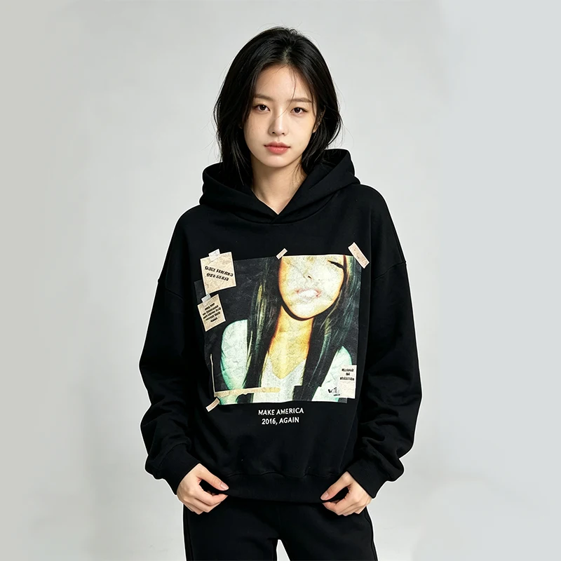 European and American Autumn and Winter New Portrait Printed Loose Long Sleeves Casual Fashion Trends Hooded Sweater Y2k Style