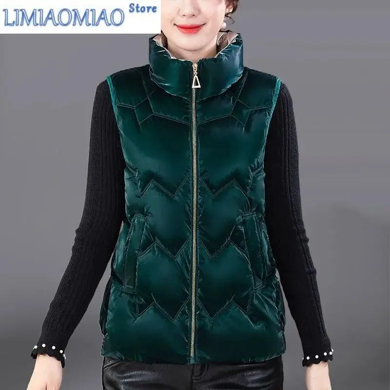 Glossy Down Cotton Vest Women's Short New Middle-aged  light Warm Vest Female Standing Collar Sleeveless Parkas Waistcoat