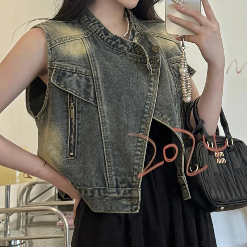 Leisure retro washed versatile loose denim vest women's clothing 2024 summer stand up collar sleeveless top