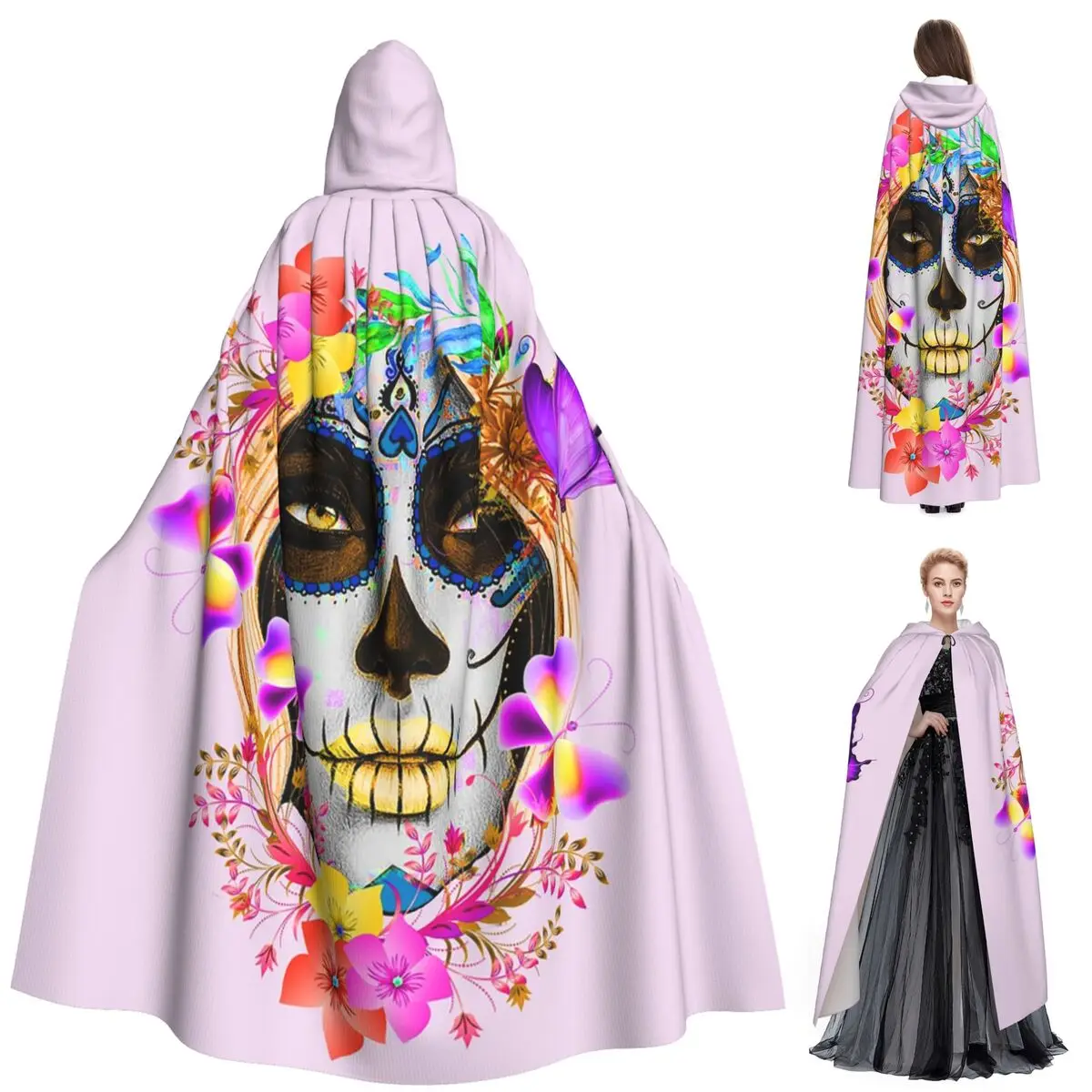 

Mexican Catrina Girl Day Of The Dead Sugar Skull Long Hooded Cloak Witch Medieval Costume Cosplay Cape HalloweenCoat Unisex