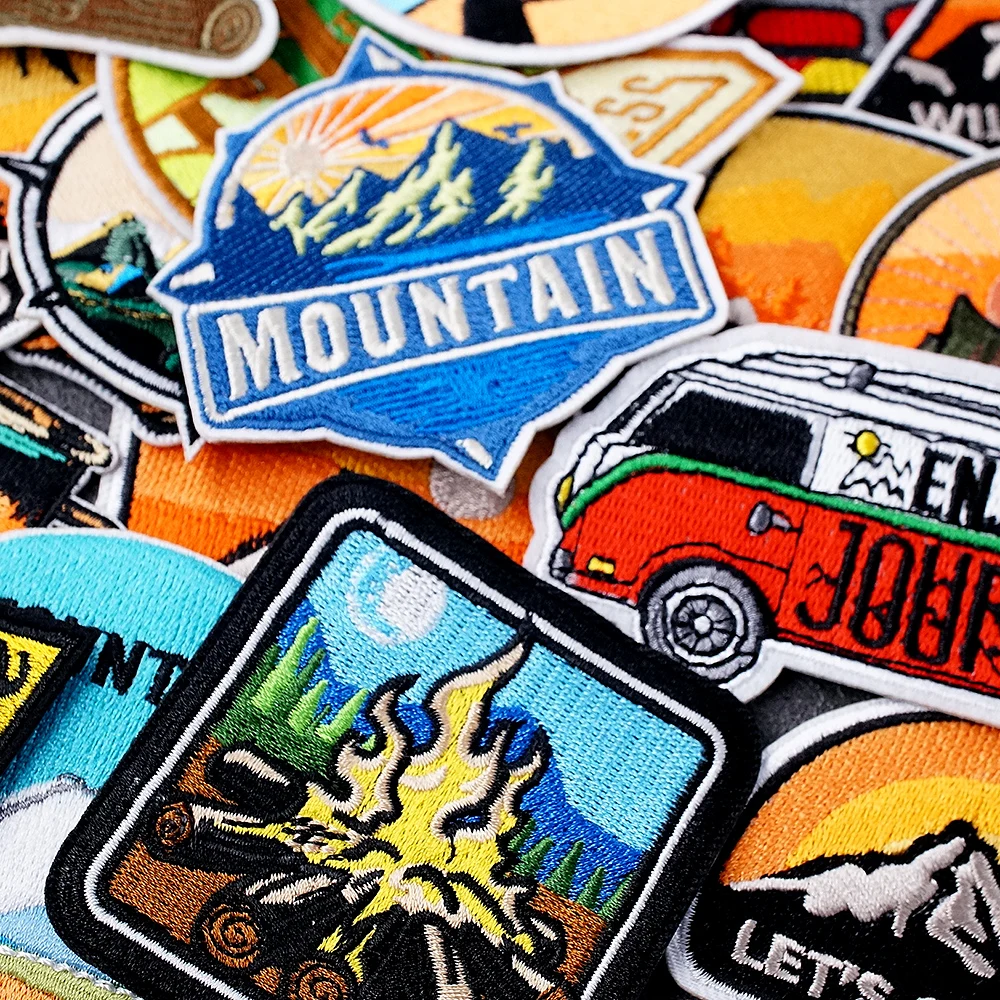 Mountain Field Camping Bus Patches Badges Embroidery Patch Applique Ironing Clothing Sewing Supplies Decorative Sunglasses