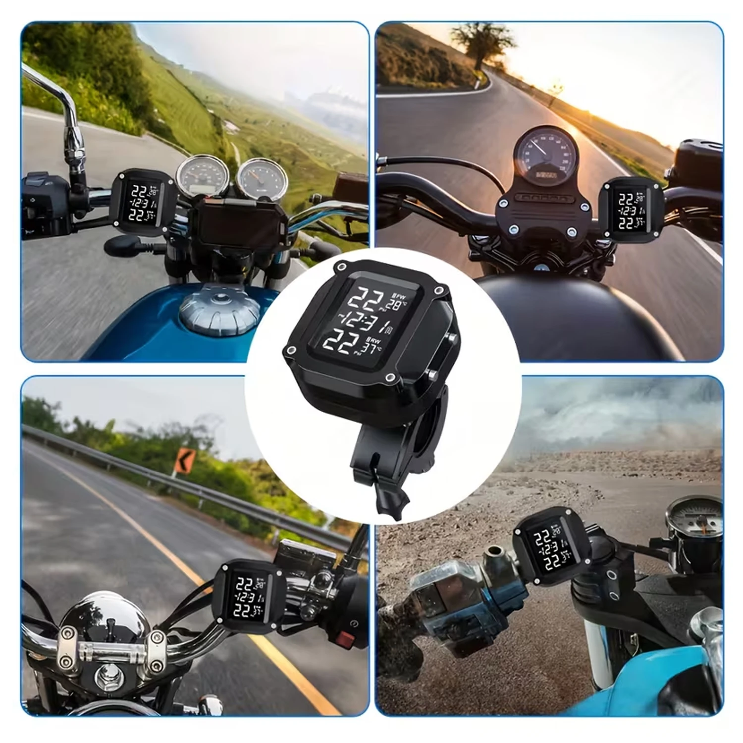 Motorcycle Tire Pressure Monitoring System Motorcycle TPMS with 2 Sensors LCD Display Real Time Solar Charging Motorbike TPMS