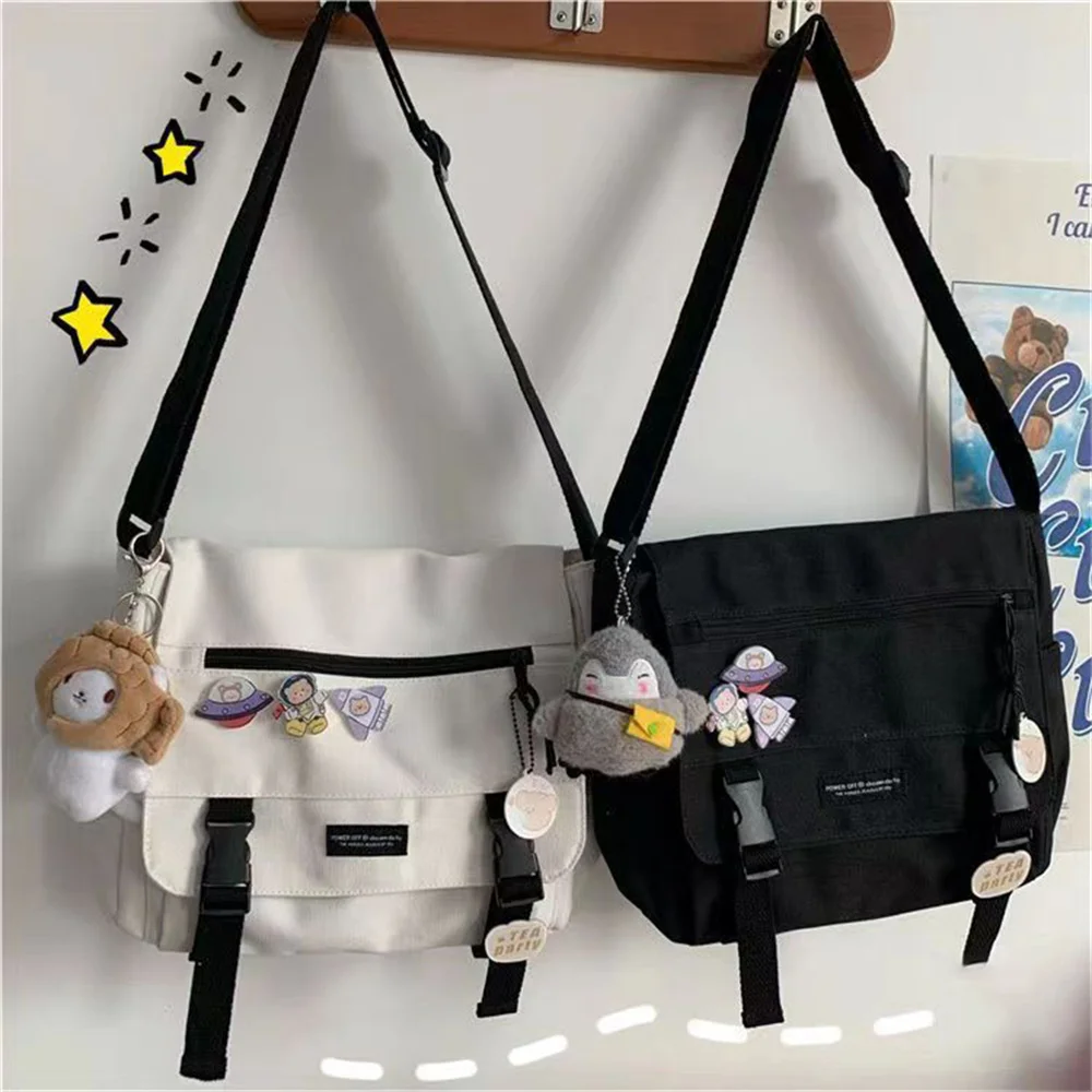 Harajuku Large Capacity School Student Canvas Single Shoulder Handbag Ins Retro Square Men's Women's Crossbody Messenger Bag