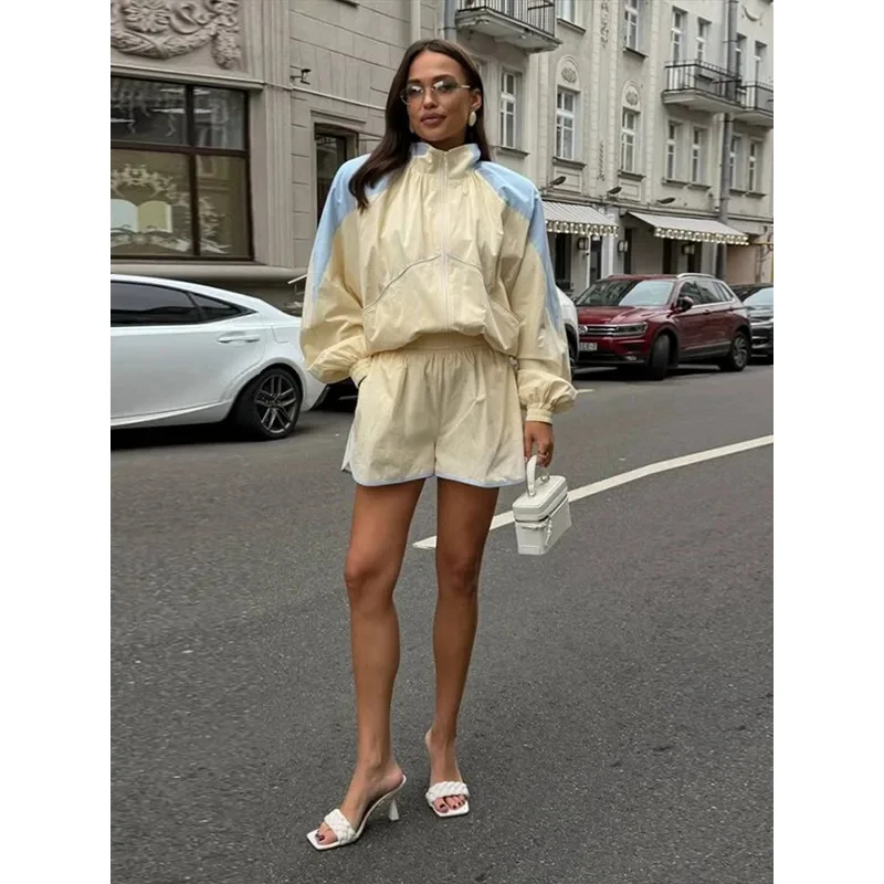 Contrast Casual Women's Shorts Suits Stand Neck Full Sleeve Zipper Jacket Tracksuit Sets Fashion Sport Daily Street Outfits