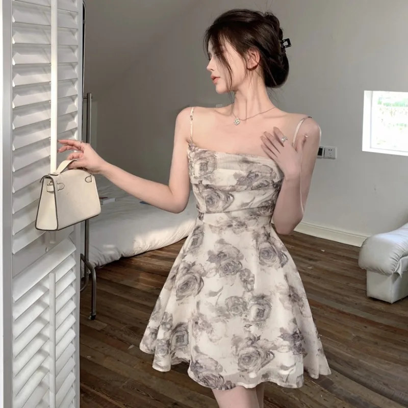 

Elegant Water-Media Print Short Dress Women's Sexy Backless Strap Waist-Cinching Gown Korean Style Commute Summer Skirt