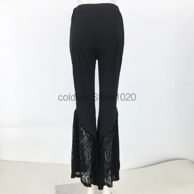 Pantalones acampanados góticos de encaje para mujer, pantalones negros de cintura alta, ajustados, con vendaje lateral, sueltos, Punk, 2024