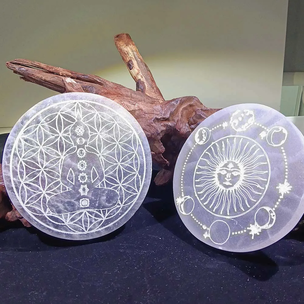 9-10CM Natural Crystal Selenite Slice Slab White Gypsum Flower of Life Charging Plate For Cleansing Meditation Fengshui Chakra