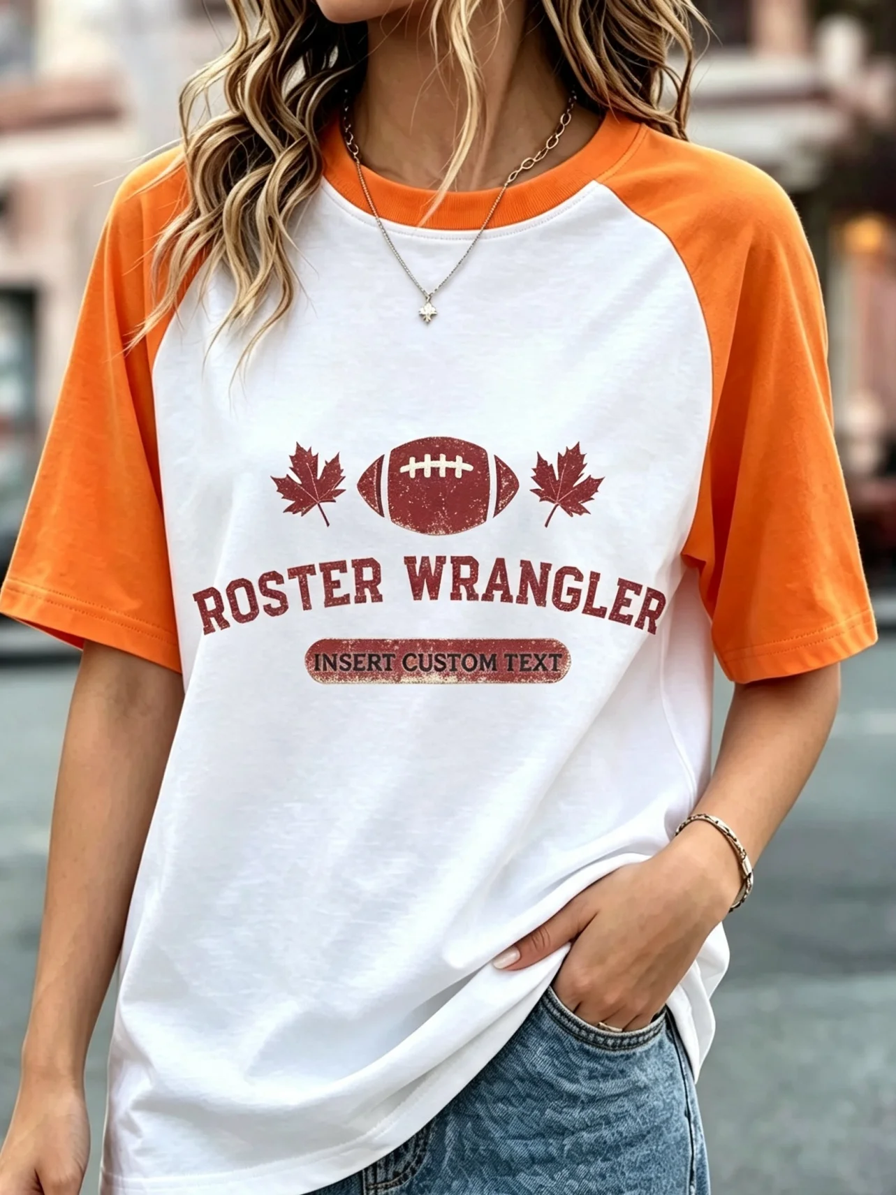 Custom Roster Wrangler Maple Leaf Football Vintage Graphic Raglan T-Shirt, Women Color Block Short Sleeve Game Day Tee
