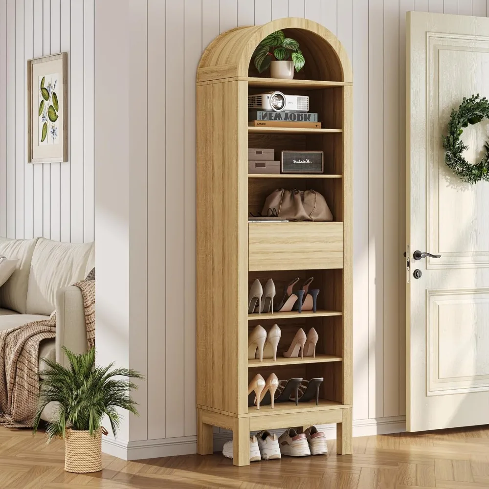 

72.4" Tall Arch Shoe Storage Cabinet, 7 Tier Open Shoe Storage Organizer with One Drawer,Freestanding Wooden Shoe Rack for Entry