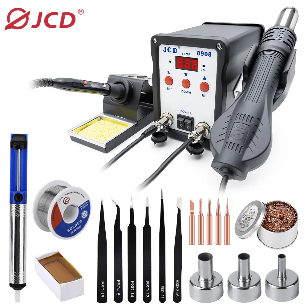 

JCD 2 in 1 Soldering Station 8908 Digital Display SMD Rework Hot Air Gun Solder Iron 220V ESD Welding Desoldering Repair Tools