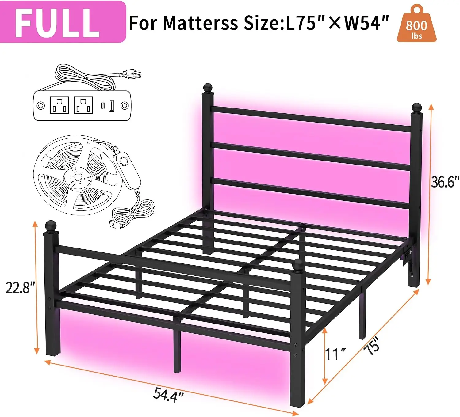 Full Size Bed Frame with Headboard & Footboard, Steel Slat Support, Integrated LED Lighting & Charging Station, Under-Bed Storage, Mattress Foundation, No Box Spring Required, Noise-Free, Black
