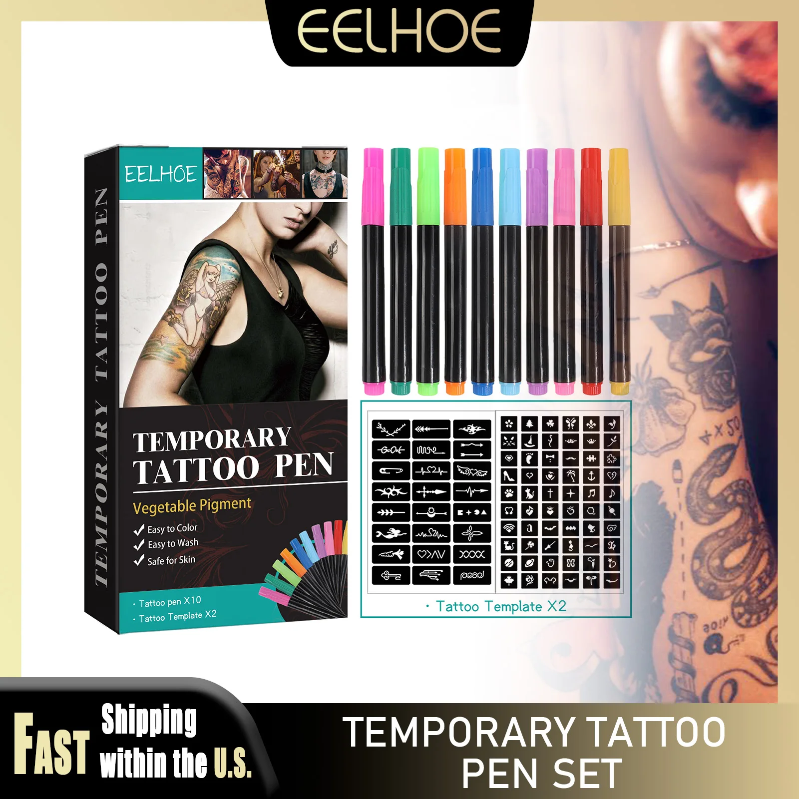 

Набор временных ручек для татуировки EELHOE, 10 цветов, картина тела, безопасная, сделай сам, легко наносится, татуировка на руку для вечеринки, Хэллоуина, фестиваля, инструмент для макияжа