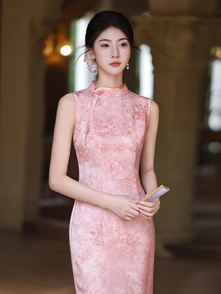 

Young Bride Traditional Chinese Sle Svel Qipao for Engagement Parties Pink Color Breathable Long Dr for Wedding