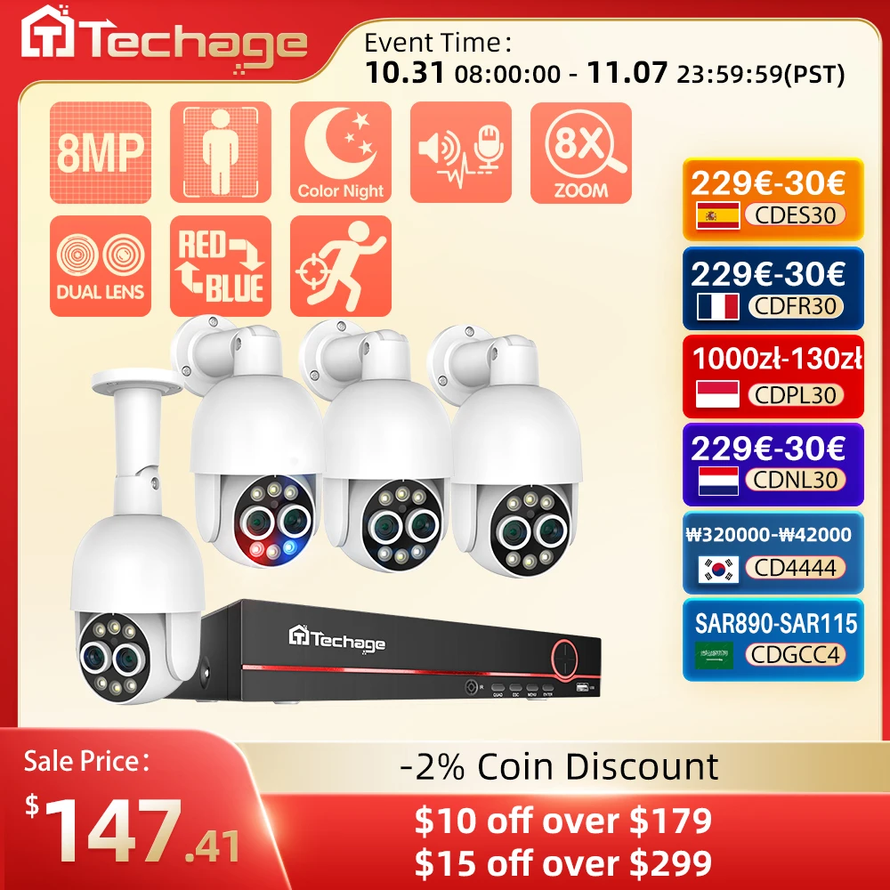 

Techage 8CH Dual Lens 4MP+4MP PTZ POE Camera System 8X Mix Zoon Human Detection H.265 AI CCTV Video Security Kit Colorful Night