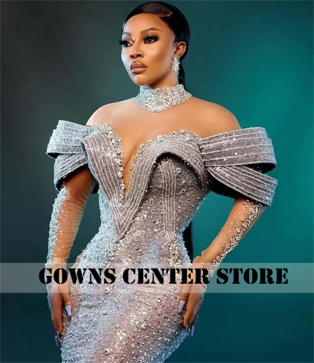 Luxury Crystals Off The Shoulder African Mermaid Evening Gowns 2025 Aso Ebi Prom Dresses Wedding Party Dress Event Customized