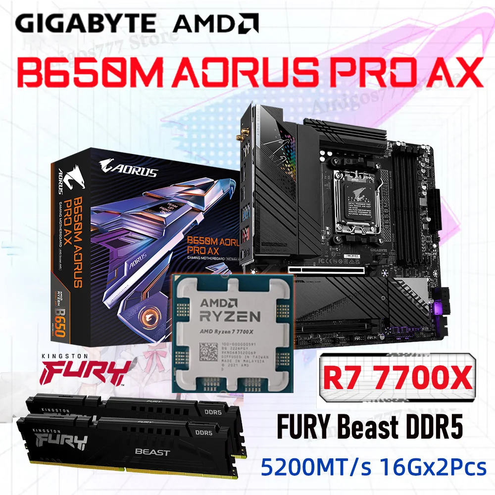 

R7 7700X CPU Combo Gigabyte B650M AORUS PRO AX DDR5 AMD B650 Gaming AM5 Mainboar Suit R7 7700X CPU Kingston DDR5 Memory R7 7700X