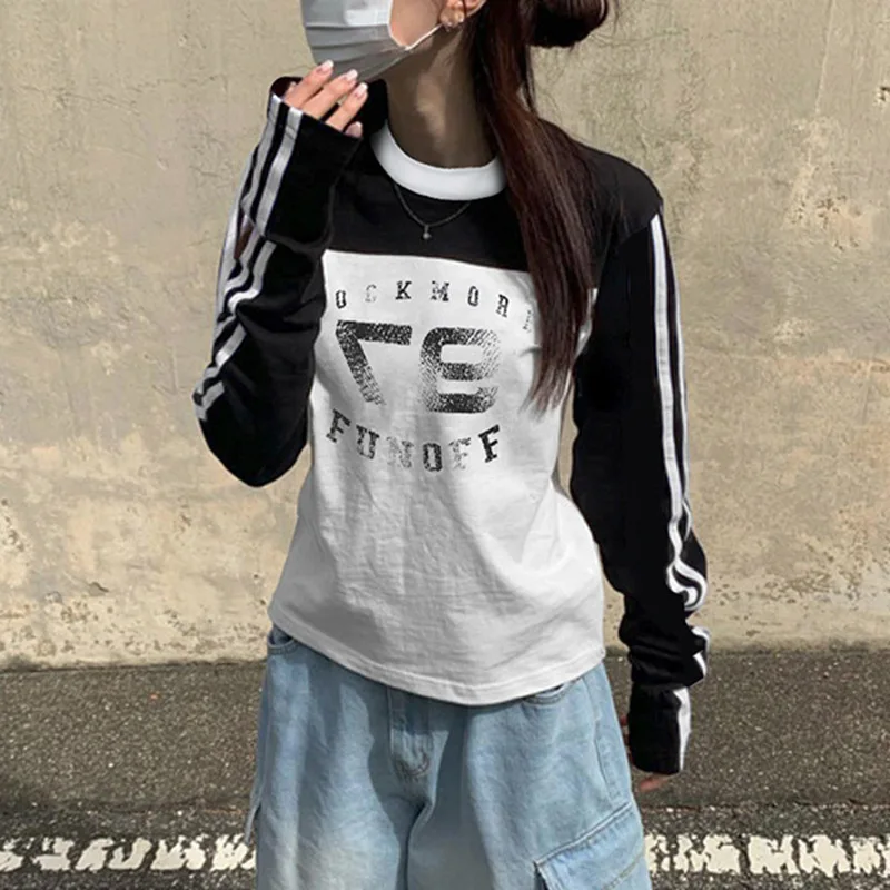 Spicy girl personality striped color blocked letter print loose slim fit thin top, age reducing hip-hop versatile long sleeved T