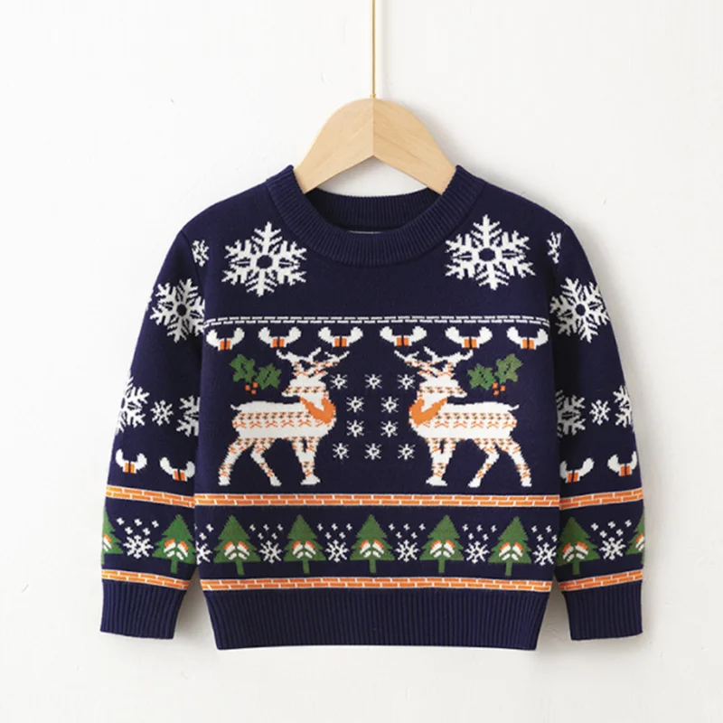 2024 Christmas Sweater O Neck Printed Deer Novelty Ugly Christmas Sweater Unisex Boys Girls Long Sleeve Knit Sweater Jacket