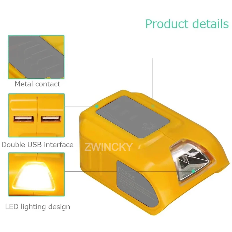 DCB090 Battery Power Source For Dewal 20V MAX Lithium-Ion Batteries, Adapter Converter with LED Light, Dual USB Type-C DC Port
