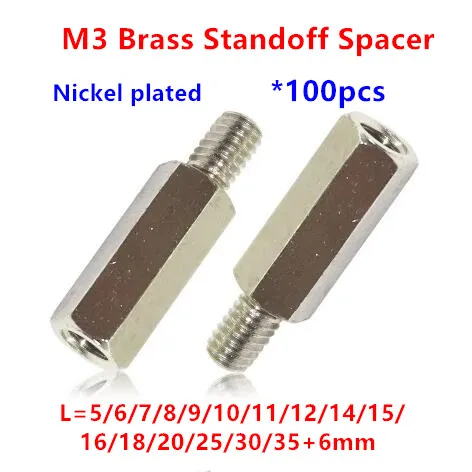100pcs Thread M3 Hex Brass Standoff Spacers Male to Female Nickel Plated PCB Spacing Screws Hex Nuts M3*5/6/8/10/12/15/18/20+6mm