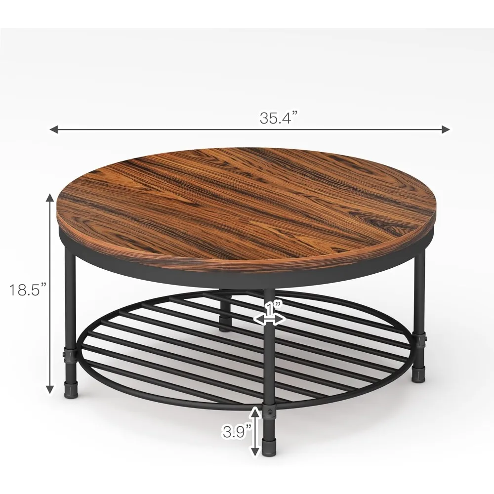 Tavolino da caffè vintage con piano in legno marrone grigio scuro con gambe in metallo e ripiano portaoggetti, alto 18,5 per piccoli spazi