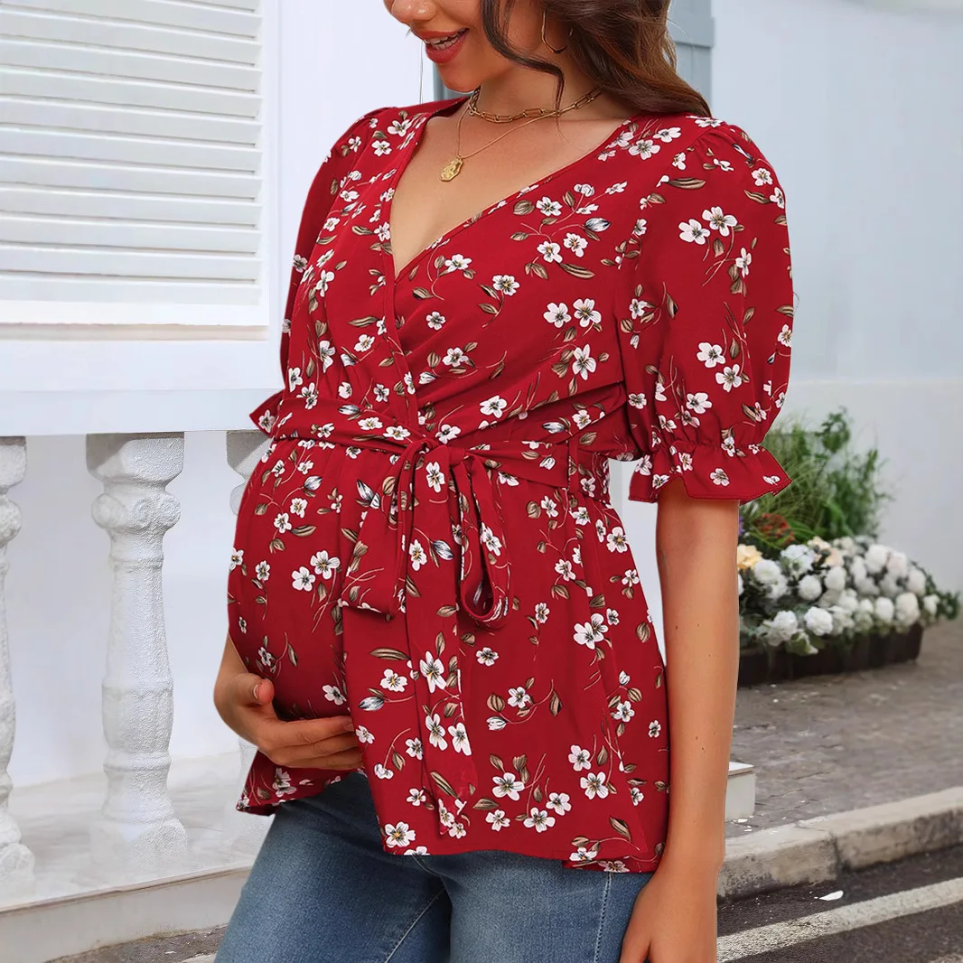 الأم الحامل الخامس الرقبة قابل للتعديل الخصر الرضاعة الطبيعية ارتداء بلوزة المرأة الحمل بلايز الأمومة تي شيرت للاستخدام اليومي