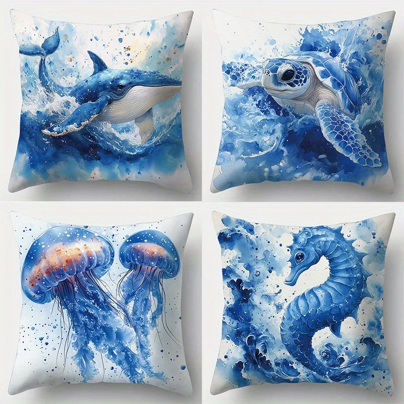 4pcs Ocean Life Pillow Covers Set 40x40cm Watercolor Marine Art Print Throw Cushion Decorative Canvas for Tropical Bedroom Bathr