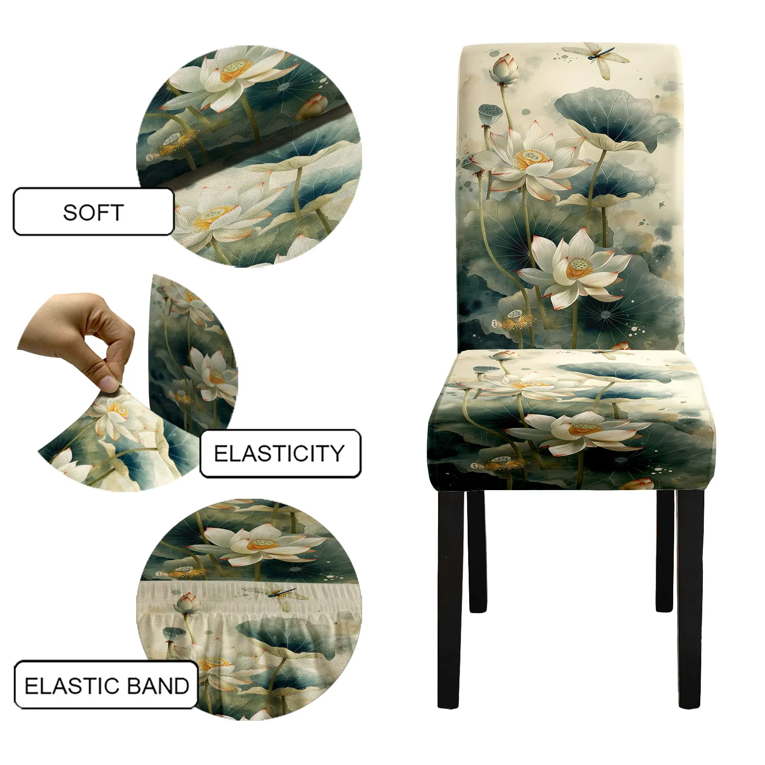 4/6pc Lotus and lotus leaf pattern printed chair covers four seasons dining chair covers home elastic milk silk full cover chair