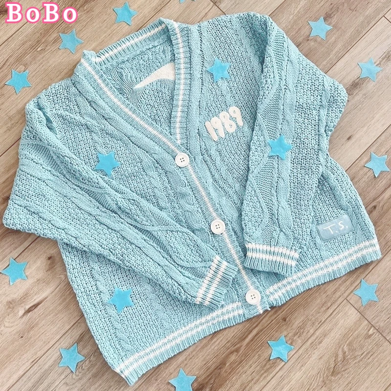 Women's Trend  Autumn Blue Cardigan 1989 Winter Bird Embroidery Special Knit Cardigan Slouchy Style Vintage Y2k Sweater Women