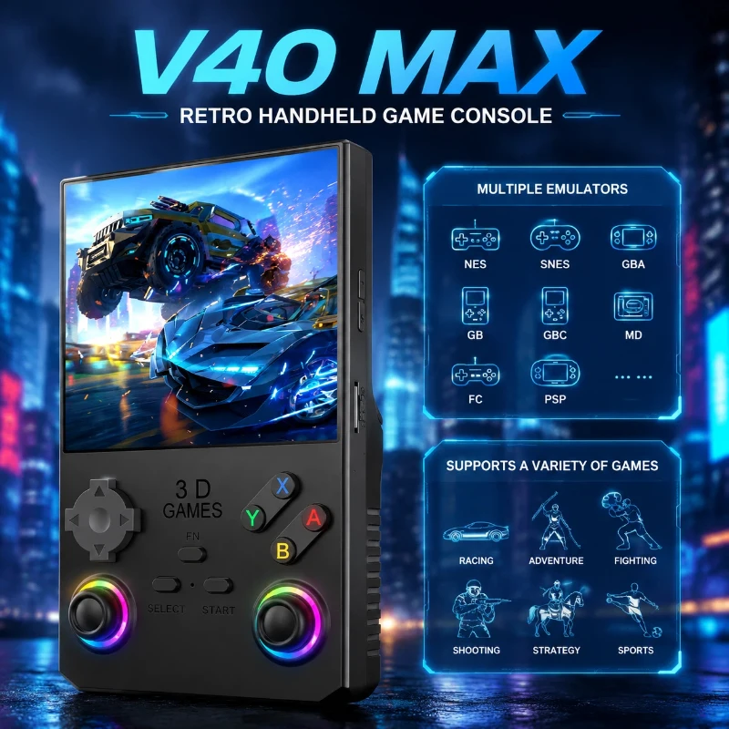 V40 Open Source Handheld Game Console Portable Retro 3d Game Player With Joystick Rechargeable Pocket Gaming Device For Home Use