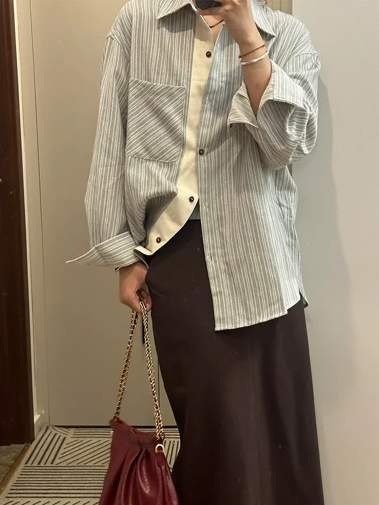 

Womens Shirt Korean Loose Patchwork Striped Long Sleeve Shirt Polo Collar Retro Casual Top Autumn Fashion Oversized Blouse