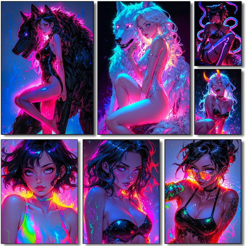 شعبية لطيف مثير الحلو أنيمي أضواء النيون الملونة جرلي الملصقات قماش الطباعة صور فنية للجدران غرفة المعيشة ديكور المنزل الهدايا #1