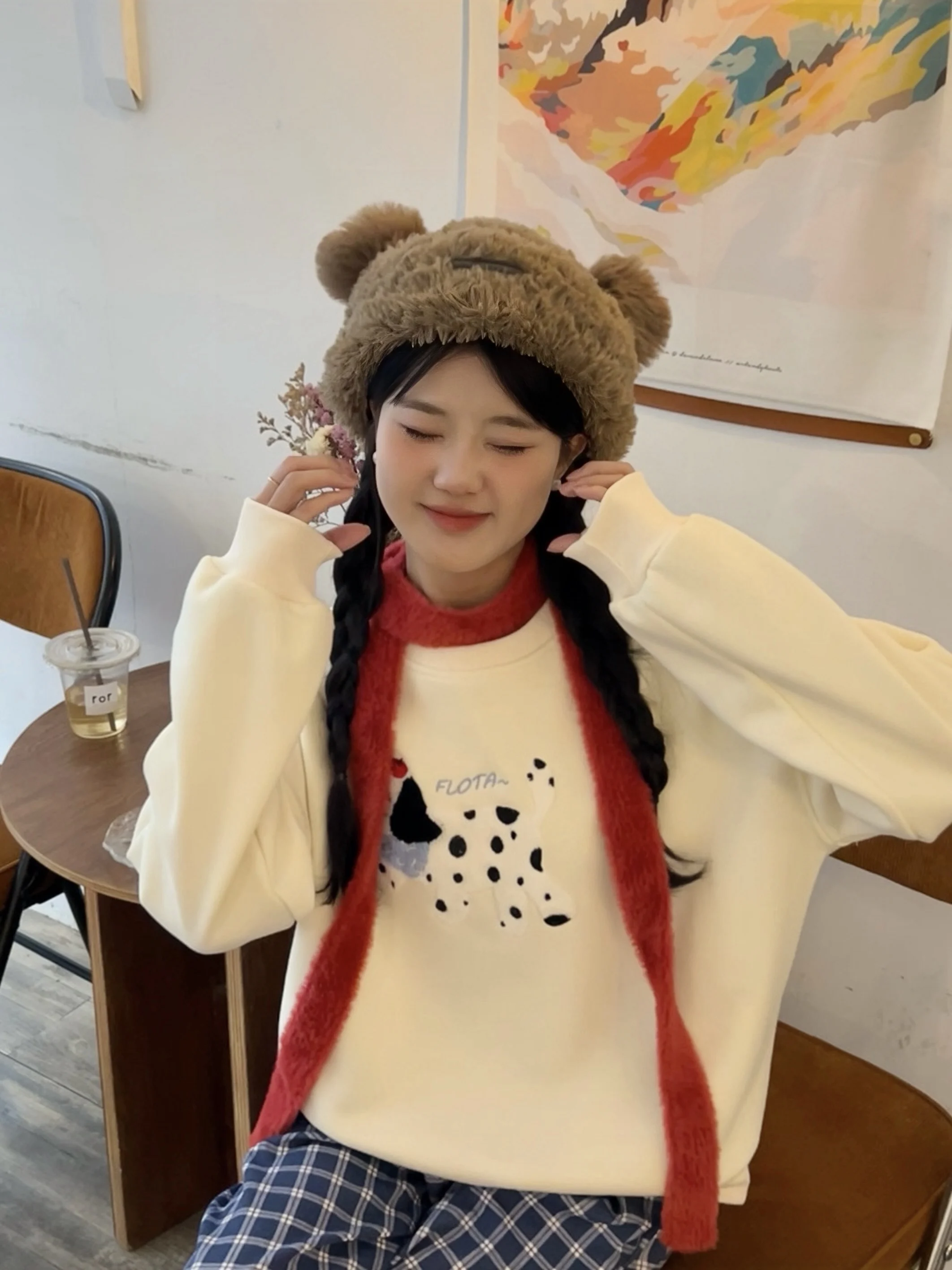 

Fleece Lined Long Sleeve Sweatshirt for Women Sweet Style Oversized Shoulder Insertion Autumn Winter New Arrival Poly Cotton ...